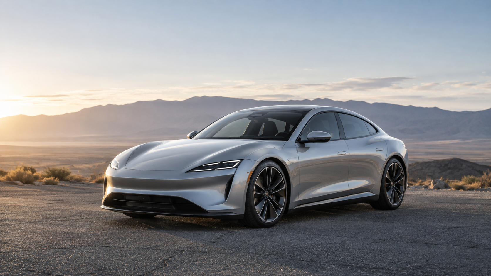 Silver sports sedan on an open desert road
